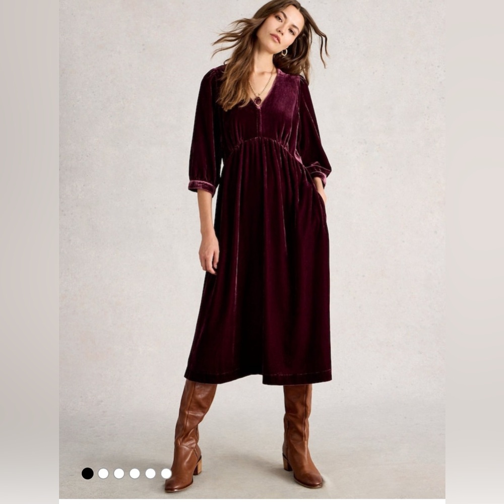 Elegant White Stuff Velvet Midi Dress in Rich Burgundy